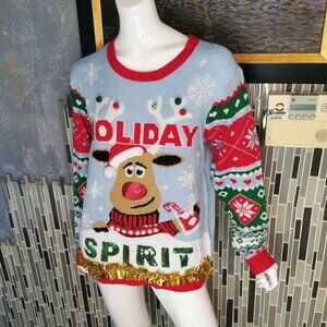 No Boundaries Siz XL(16-18)Ugly Christmas Sweater Bold Design Garland Bells 0395